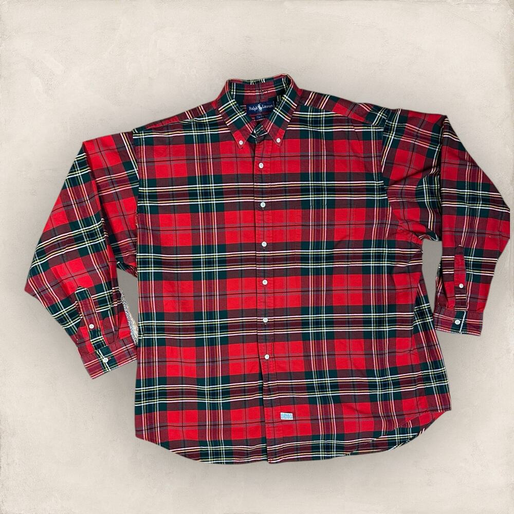 Ralph Lauren Button Down Shirt Mens XL Red Big Oxford Plaid Long Sleeve Cotton